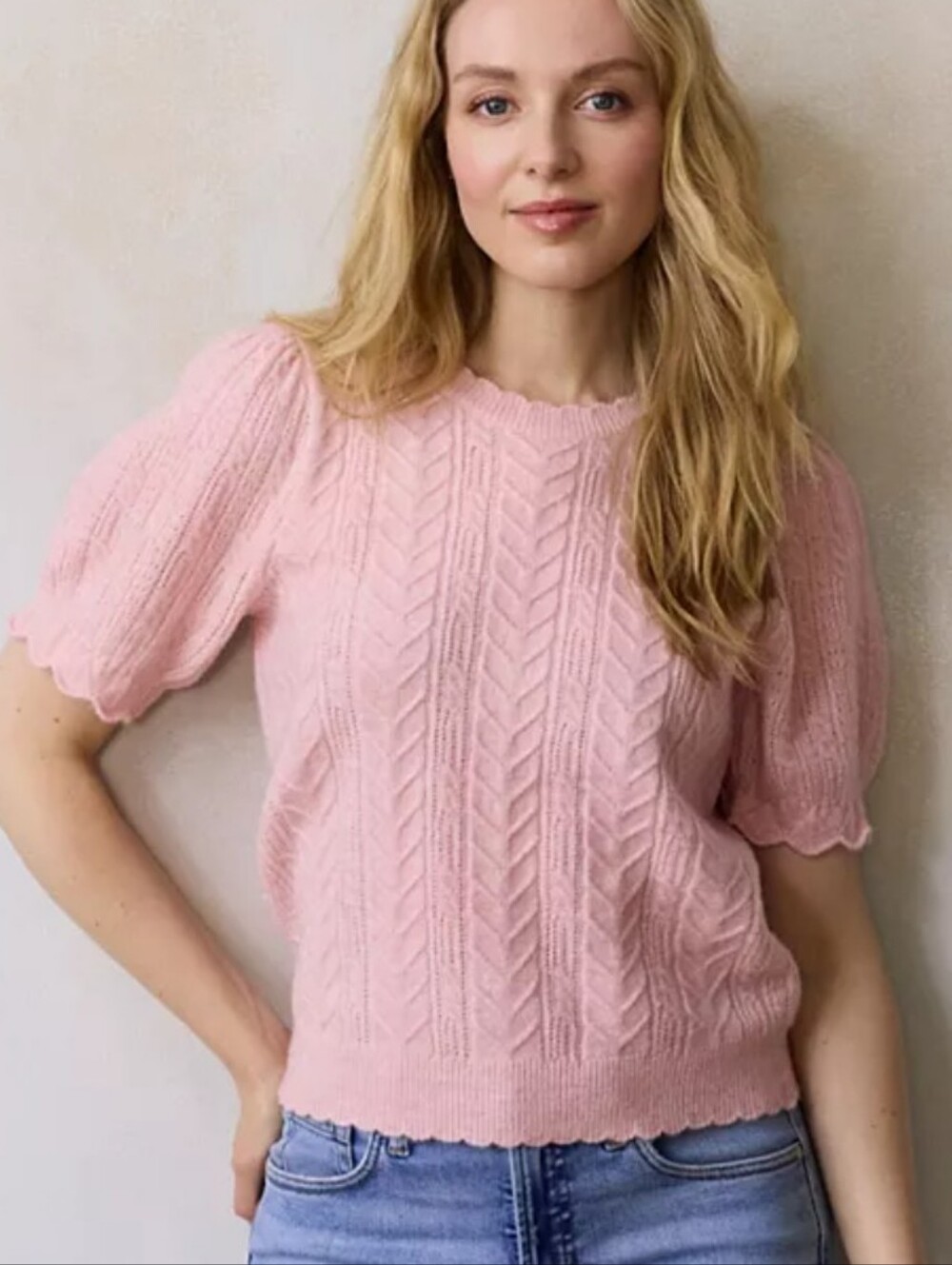 Lauren Conrqd Light Pink Cable Knit Puff Sleeve Crewneck Sweater